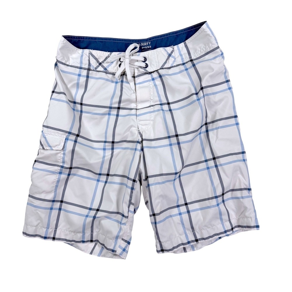 Old Navy Board Shorts Mens Medium White‎ Blue Plaid Cargo Pocket Swim Trunks